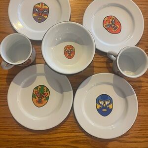 Malinalco Luchador Mask Dining Set - White with Multicolor Designs. New